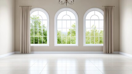 Fototapeta premium Bright and airy empty room with three large arched windows and elegant chandelier casting a warm glow over the beige walls and white tiled floor