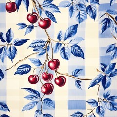 Seamless pattern of red cherries and blue leaves on a checkered background