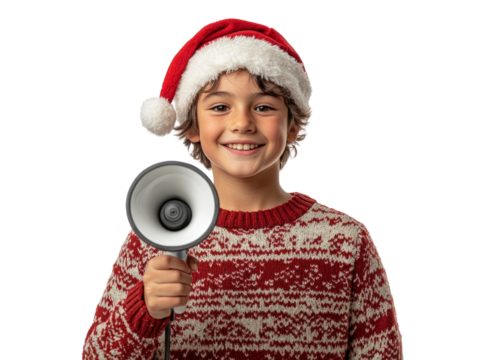 Smiling Boy in Santa Hat with Megaphone