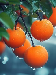 Orange fruits with water droplets on a branch, vibrant colors against a blurred background