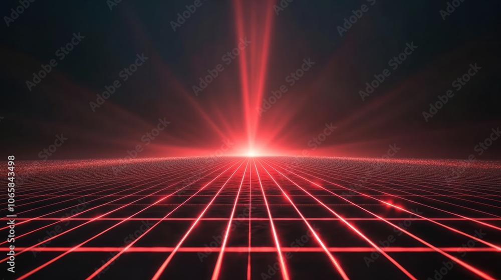 Poster abstract depiction of red laser light effects creating a grid pattern against a dark background.