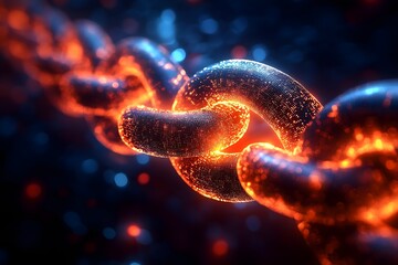 Glowing metal chain links illuminated with fiery sparks in a dark background