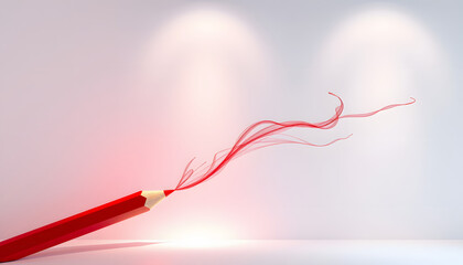 Red pencil drawing magic on light wall background. Creativity and art concept. 3D Rendering isolated with white highlights, png