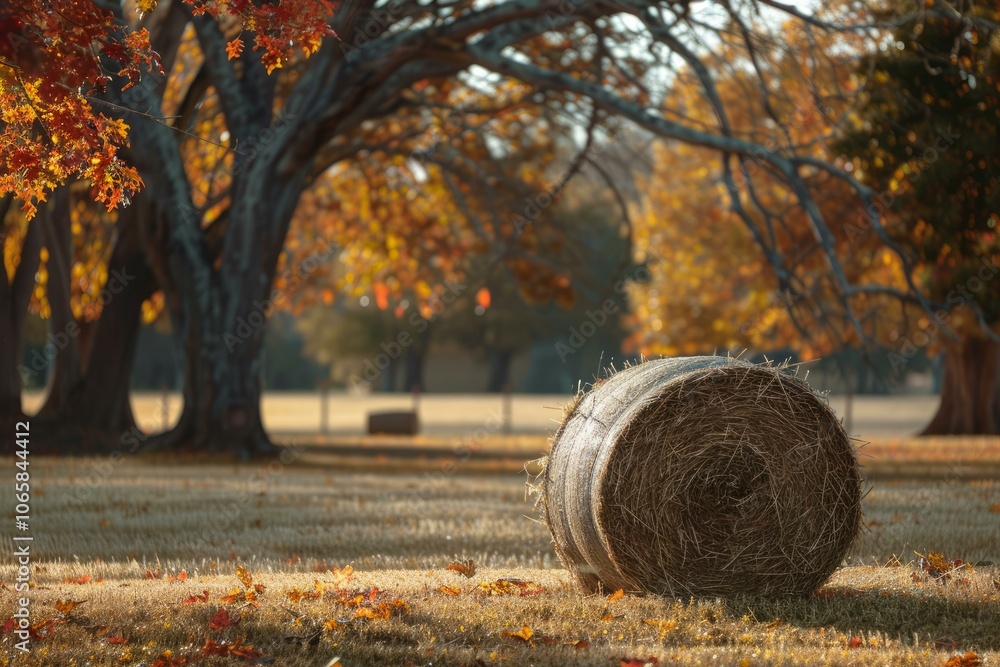 Poster hay bale resting in a field with fall leaves scattered around it and fall foliage in the background