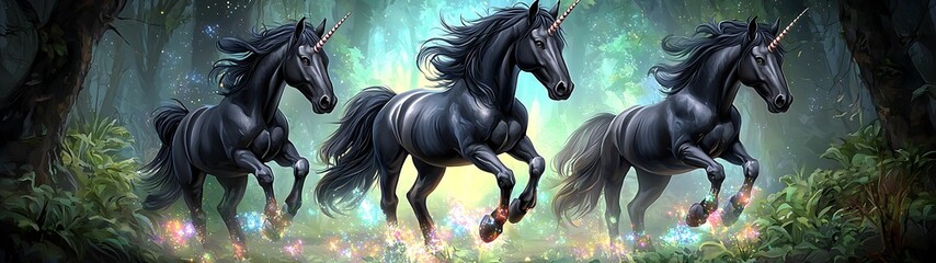 Naklejka premium Majestic black unicorns galloping through enchanted forest filled with sparkling magic and mystery