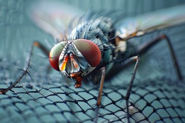 House fly is standing on a piece of blue netting, with its large red eyes and spiky legs on full display