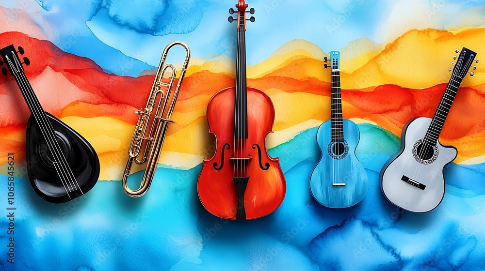 Poster a vibrant display of musical instruments against a colorful abstract background reflecting the joy o