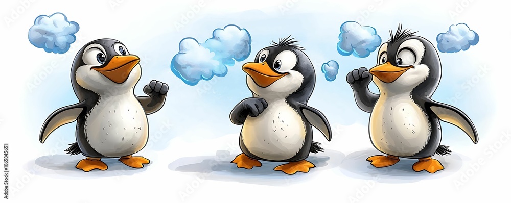 Poster three playful penguins engaging in a fun conversation amidst fluffy clouds in a whimsical setting