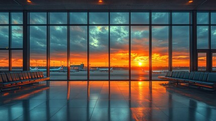Fototapeta premium A view of an airport terminal with rows of seats, looking out at a dramatic sunset with the runway and planes in the distance.