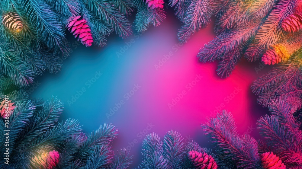 Poster christmas layout with christmas tree branches, christmas decorations in vibrant neon glow. copy spac