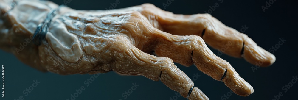 Poster a detailed look at a prosthetic hand made from skin-like material, highlighting its realistic textur