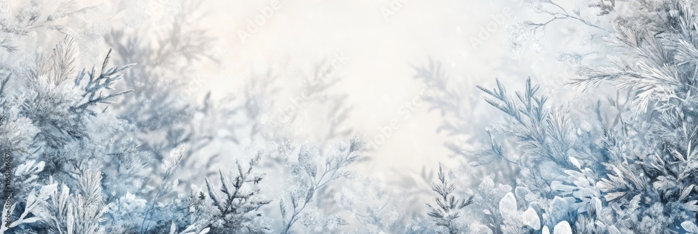 Poster a serene winter landscape features delicate frost that sparkles under the soft light, creating a tra