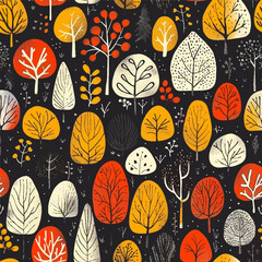Seamless pattern with autumn trees, cartoon style forest on black background
