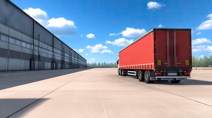 Obraz premium A red truck parked at a loading dock, ready for shipment under a bright blue sky at a busy warehouse complex
