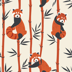 Seamless pattern with Little panda, cat bear, red panda, Himalayan raccoon and bamboo branches on a white background