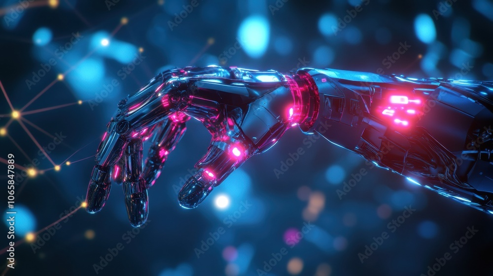 Poster The artwork showcases a prosthetic arm activated by neural signals, featuring vibrant lines linking it to the brain, symbolizing connectivity. Generative AI