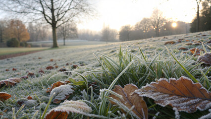 Frosty autumn leaves on grass during a chilly morning in a tranquil park setting