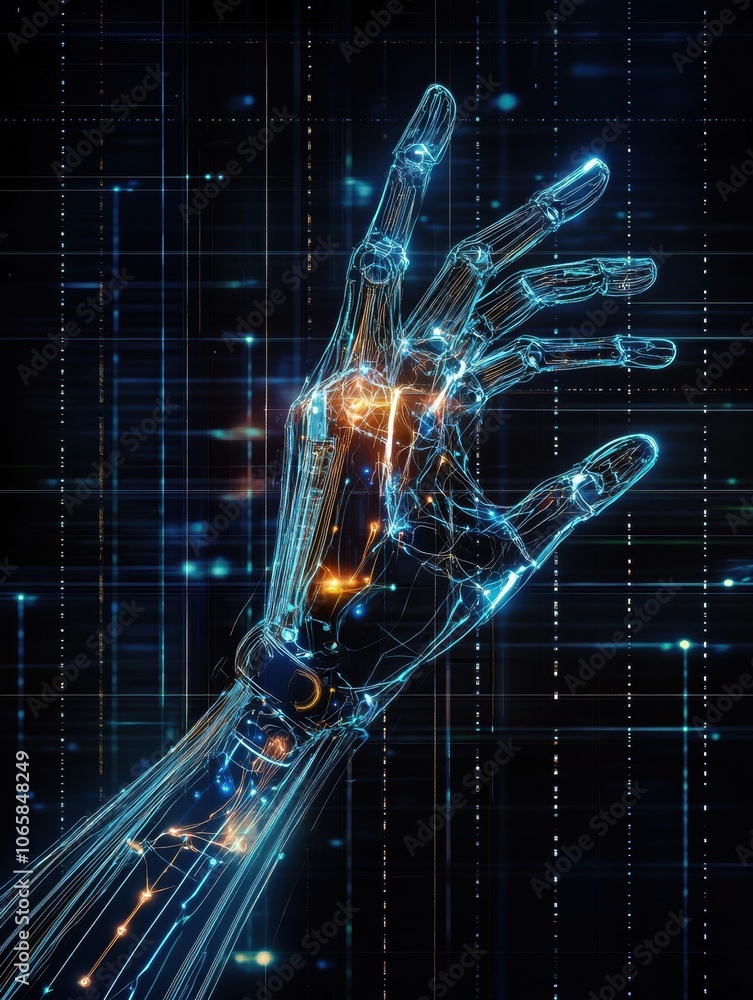 Poster a futuristic prosthetic arm is depicted, with luminous lines representing neural signals linking it 