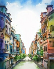 Obraz premium watercolor of buildings all around with empty copy space in the middle