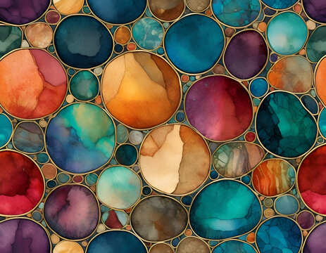 A vibrant collage of abstract watercolor circles in varying sizes, interconnected by elegant gold lines. The color palette features rich jewel tones, including deep blues, emerald greens, fiery orange