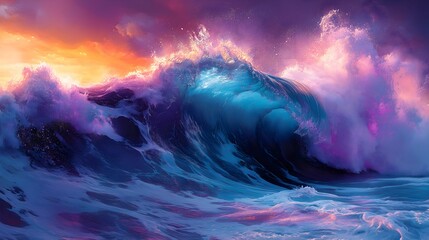 Fototapeta premium Majestic ocean wave illuminated by vibrant sunset colors in a dramatic coastal landscape