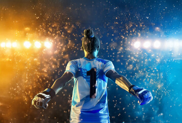 Naklejka premium Soccer player. Strong athletic woman ready to run on stadium background wearing in the sportswear. Fitness and sport motivation. Runner concept.