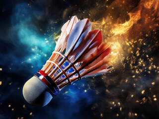 Badminton shuttlecock close up banner on fire background. Template for bookmaker ads with copy space. Mockup for betting advertisement. Sports betting application, betting, gambling, bookmaker