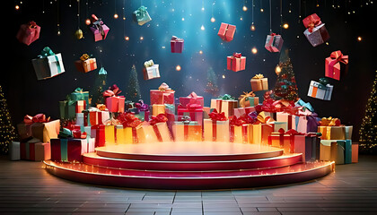 colorful gifts swirl air lively christmas display grand podium stage