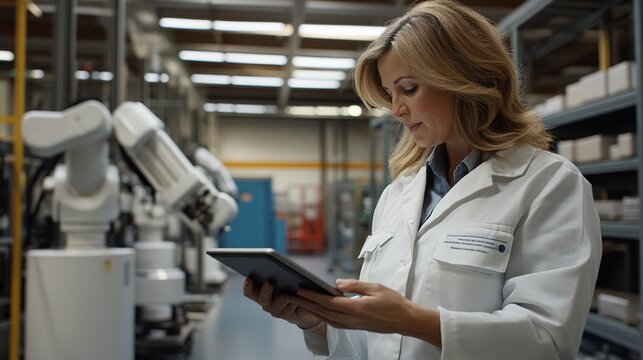 Female engineer using a digital tablet to control robotic arms on a production line