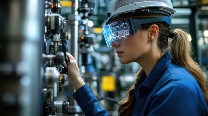 Engineers using smart glasses to access data overlays on equipment for maintenance checks