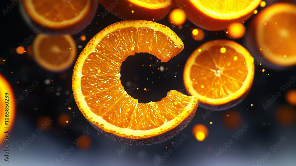 Poster orange citrus fruit slice with vibrant background and floating oranges showcasing freshness and colo