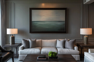 modern living room with gray walls and a sofa