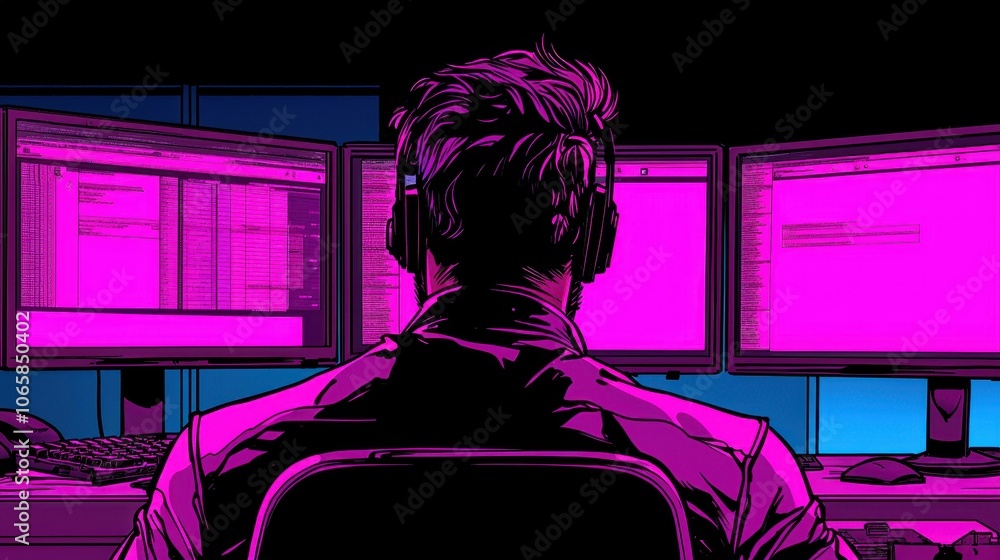 Poster a figure working intently at multiple computer screens in a vibrant, neon-lit workspace.