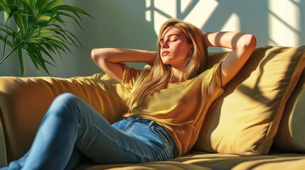 Obraz premium Happy young woman relaxing on comfortable sofa at home