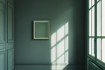 Fototapeta premium minimalist green room interior with empty picture frame and window light