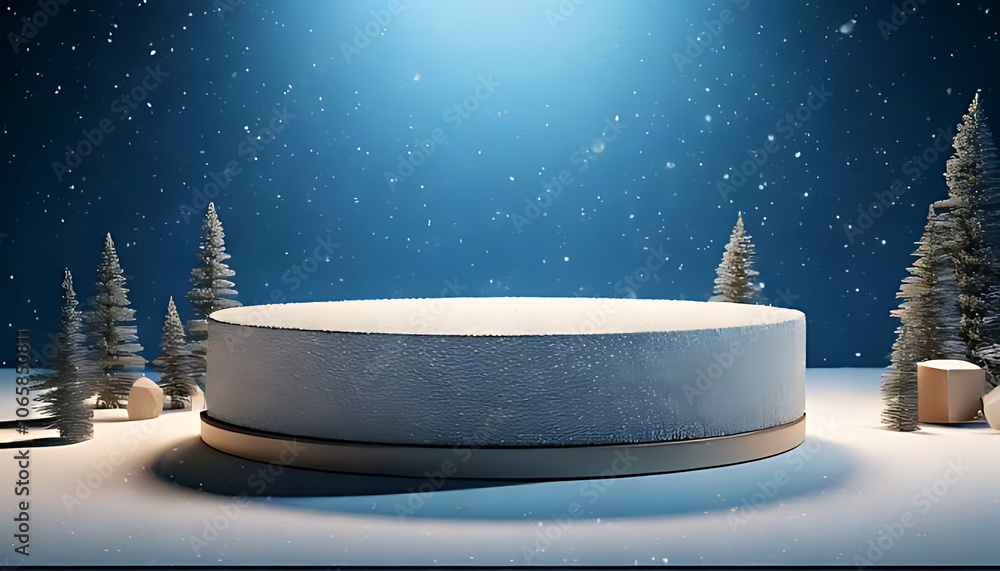 Poster cylinder shaped podium made product displayed mockup surrounding artificial snowy environment genera