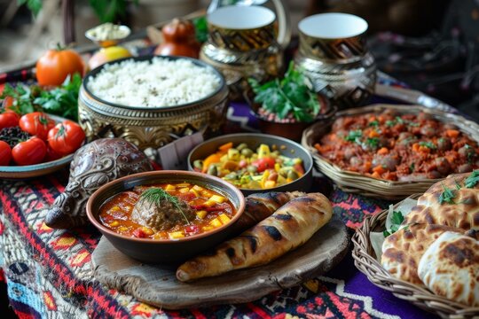 Colorful spread of georgian cuisine featuring various dishes and traditional bread is presented on a table with a vibrant tablecloth