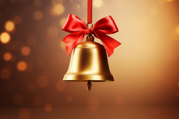 A beautiful golden bell adorned with a bright red ribbon, suspended against a soft, warm bokeh background. Perfect for holiday themes and celebrations.