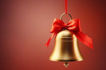 A beautifully decorated golden bell with a red ribbon against a blurred red background, perfect for holiday celebrations and festive themes