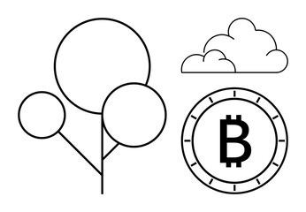 Outline tree with circular branches, fluffy cloud, and Bitcoin symbol in a coin outline. Ideal for themes like finance, nature, technology, investments, environment, sustainability, innovation. Line