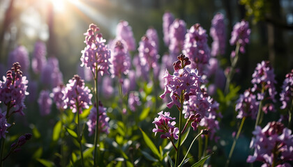 Obraz premium Spring flowering bloom wallpaper. Many lilac purple wild flowers in forest on glade glow in sun on a dark background macro soft focus. Spring templates, amazing magic artistic image isolated with wh
