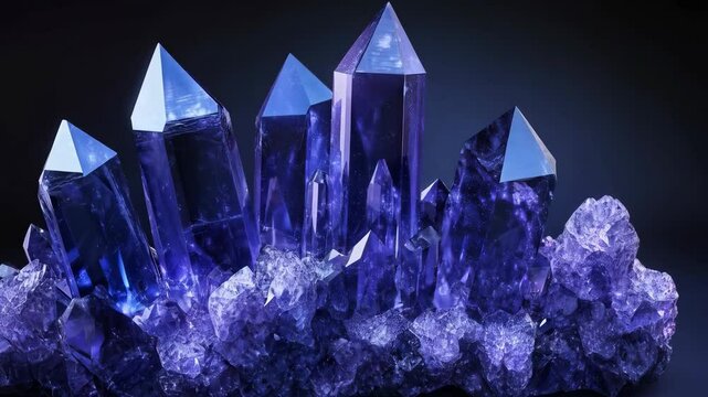 Purple crystals cluster on black background. Future Dusk &mdash; Color of the year 2025. Natural mineral, gemstone or amethyst. Geology and science. 3D render design