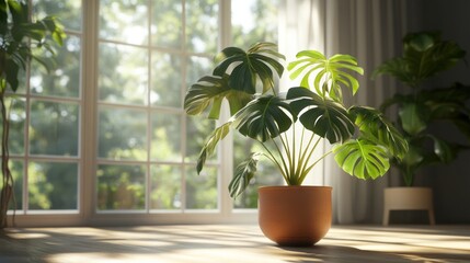 Fototapeta premium A vibrant potted plant in sunlight near a window, enhancing indoor ambiance.