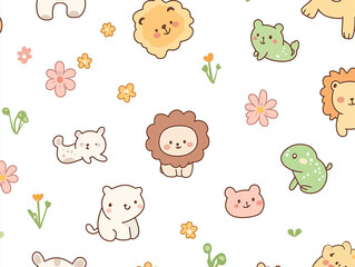 Fototapeta premium Cute animal cartoon pattern, simple line style, white background, simple lines, soft color scheme, cute and lovely pet pattern