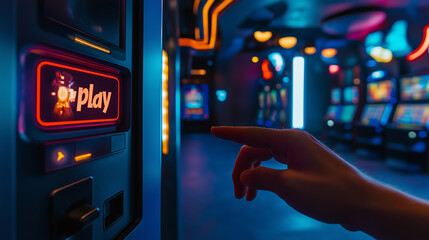 Fototapeta na wymiar Ręka mężczyzny, która jest tuż przed naciśnięciem przycisku play w kolorowym pomieszczeniu gier. 