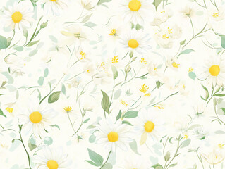 Obraz premium A simple pattern featuring a pastel floral design with bows on a white background. Small yellow flowers and delicate ribbons are scattered across the wallpaper.