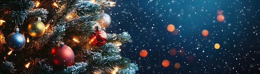 Close-up of a snow-covered Christmas tree with ornaments and lights against a blurred blue background