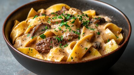 Delicious beef stroganoff with pasta