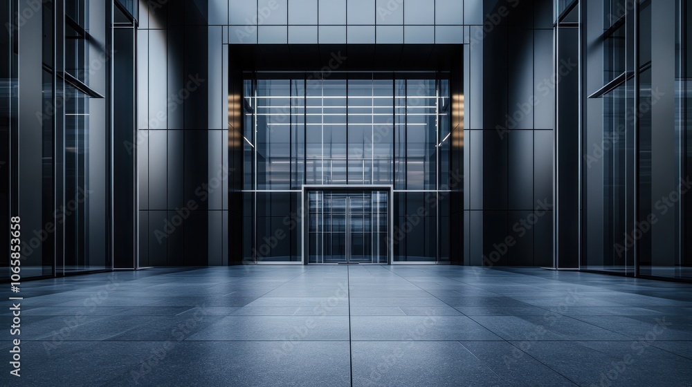 Poster modern office building facade with graphite cladding and large windows contemporary architecture