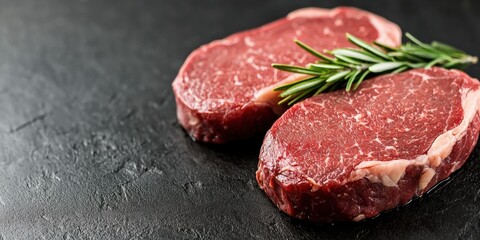 Juicy raw steak with rosemary on dark background